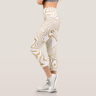 Modern White Gold Marble Abstract Capri Leggings