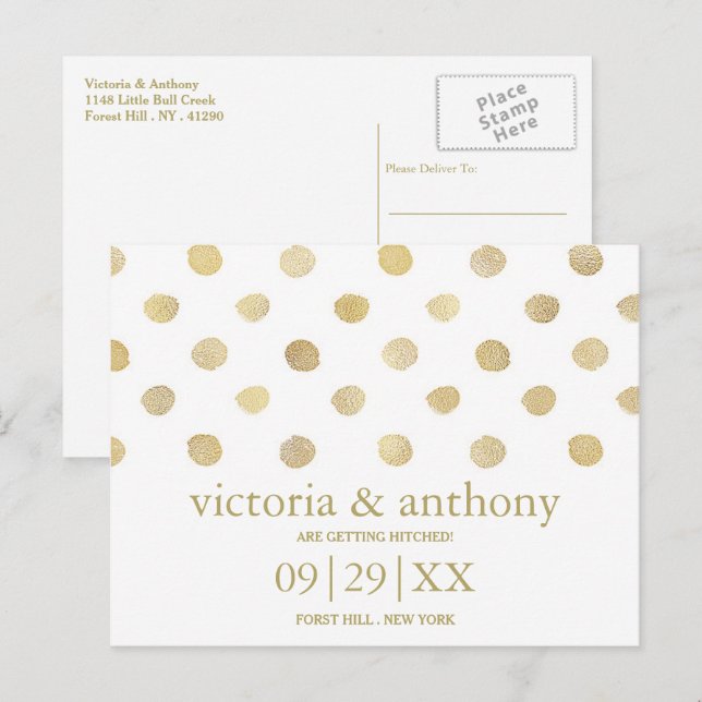 Modern White & Gold Polka Dots Save The Date Announcement Postcard (Front/Back)