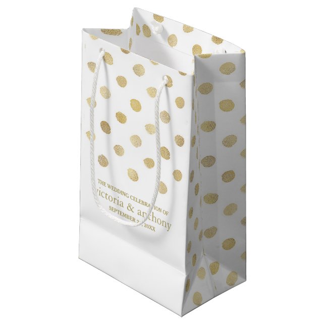 Modern White & Gold Polka Dots Wedding Favour Small Gift Bag (Front Angled)
