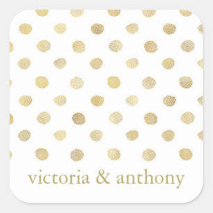Modern White & Gold Polka Dots Wedding Favour Square Sticker