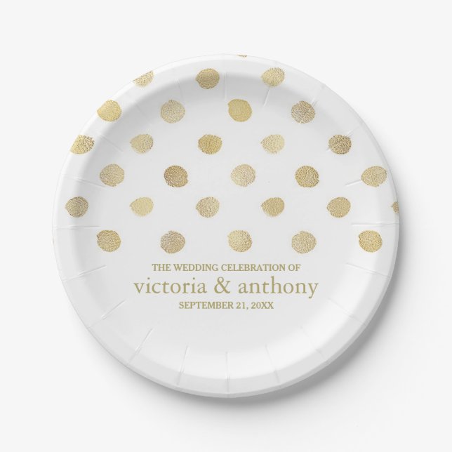 Modern White & Gold Polka Dots Wedding Paper Plate (Front)