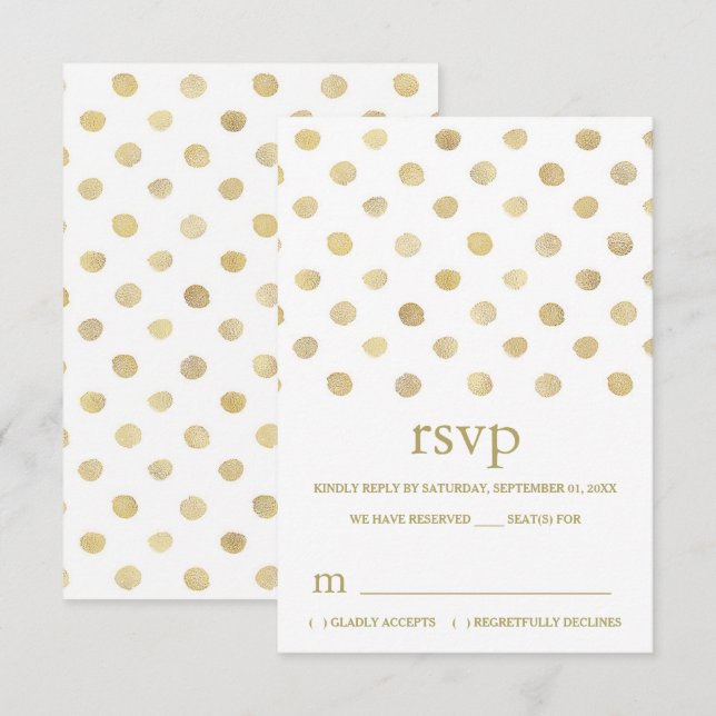 Modern White & Gold Polka Dots Wedding RSVP Card (Front/Back)
