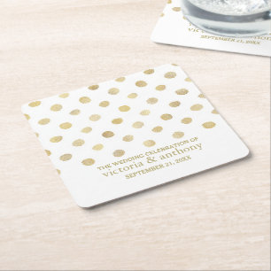 Modern White & Gold Polka Dots Wedding Square Paper Coaster