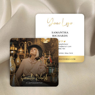 Modern White & Gold Script Logo Full Photo Square Business Card