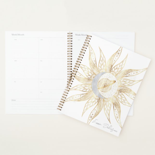 Modern White Gold Sun Moon Planet Universe Mandala Planner (Display)