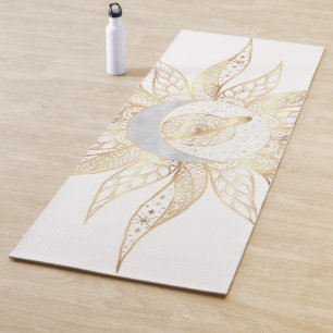 Modern White Gold Sun Moon Planet Universe Mandala Yoga Mat