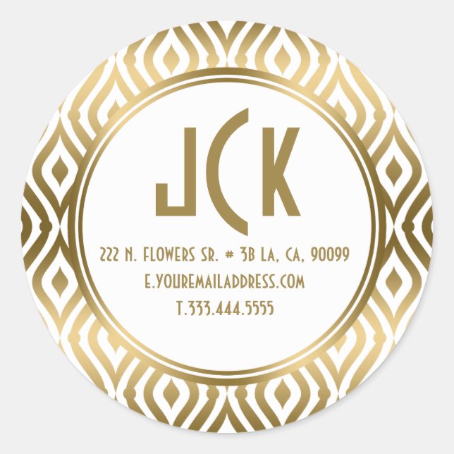 Modern White & Gold Teardrop Geometric Pattern Classic Round Sticker (Front)