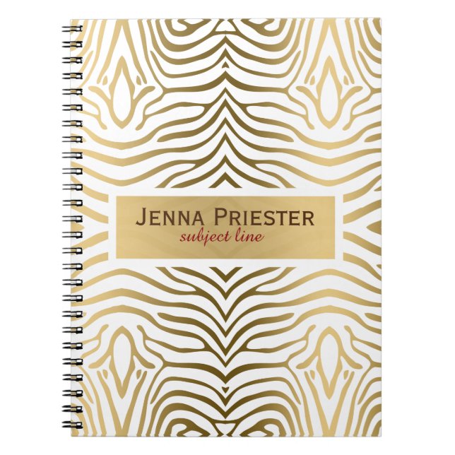 Modern White & Gold Zebra Stripes Pattern Notebook (Front)