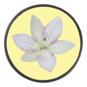 Modern White Golden-rayed lily Flower Pattern   Hockey Puck