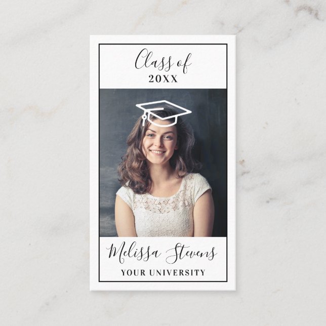 Modern white graduation cap photo class of 2022 bu business card (Front)