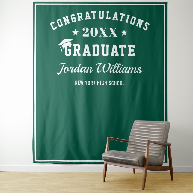 Modern White Green Graduation Photo Backdrop Tapestry (In Situ)