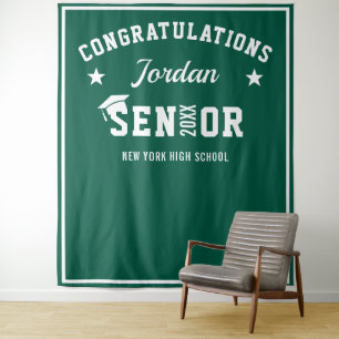 Modern White Green Graduation Photo Backdrop Tapestry