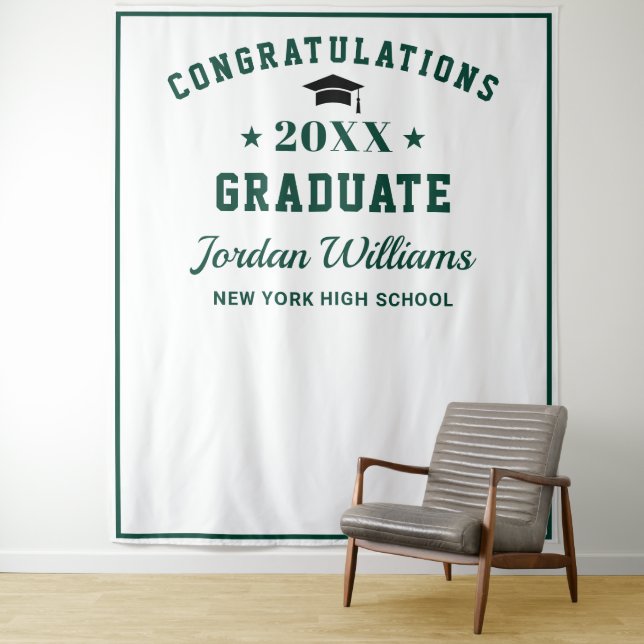 Modern White Green Graduation Photo Backdrop Tapestry (In Situ)
