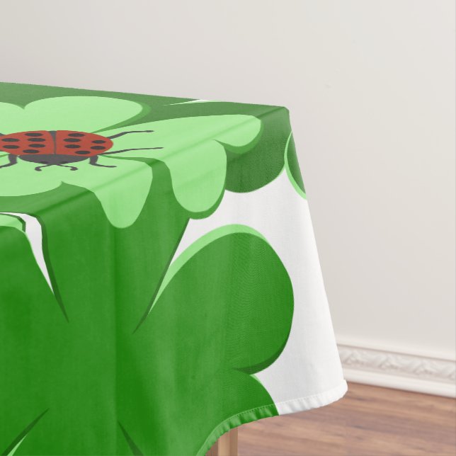 Modern White, Green, Red Ladybug Insect & Clover Tablecloth (In Situ)