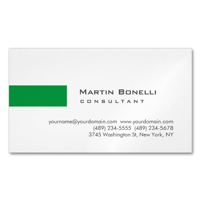 Modern White Green Simple Consultant Magnetic Business Card (Front)