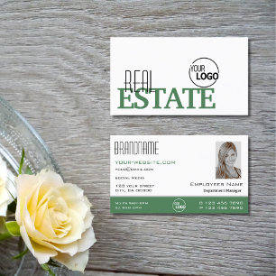 Modern White Green Stylish Simple Logo and Photo Business Card