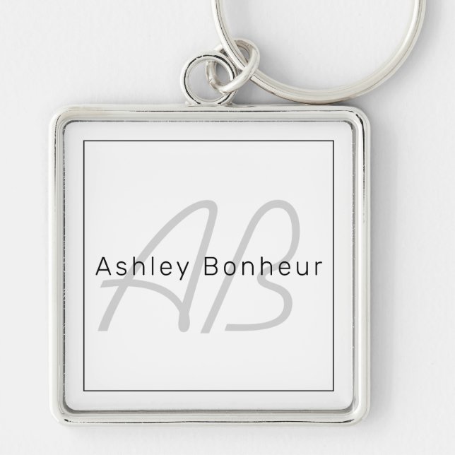 Modern White Grey & Black | Cool Name & Monogram Keychain (Front)