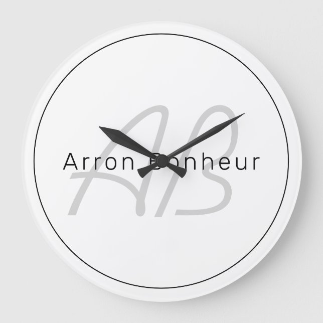 Modern White Grey & Black | Cool Name & Monogram Large Clock (Front)
