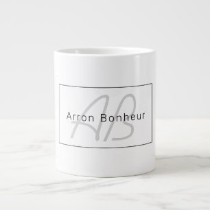 Modern White Grey & Black   Cool Name & Monogram Large Coffee Mug