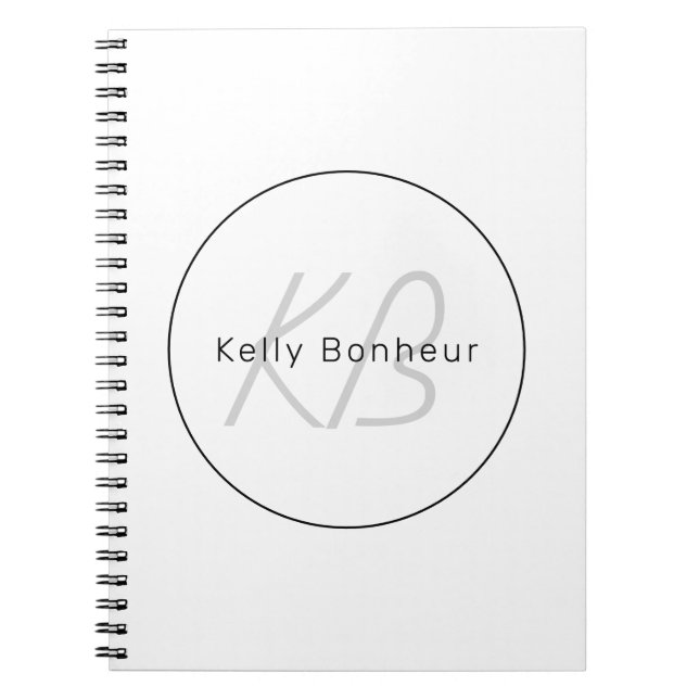 Modern White Grey & Black | Cool Name & Monogram Notebook (Front)