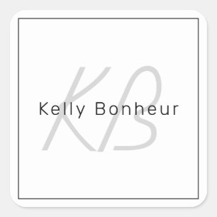 Modern White Grey & Black Cool Name & Monogram Square Sticker