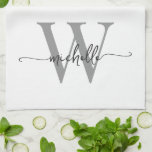 Modern White Grey Custom Monogram Name Script Kitchen Towel<br><div class="desc">Girly Modern Elegant White and Grey Monogram Initial Name Signature Script Custom Personalized Kitchen Towel. This design featuring your first name in a pretty hand lettered style swash tail font typography (or calligraphy) with monogram initial in grey and black on white. These are easy to customize it. Great stylish feminine...</div>