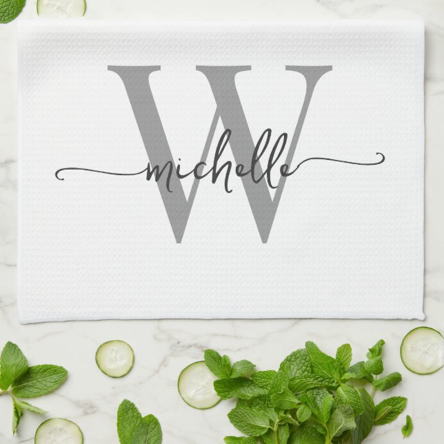 Modern White Grey Custom Monogram Name Script Kitchen Towel (Folded)