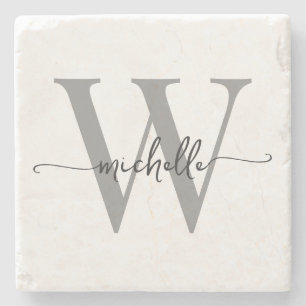Modern White Grey Custom Monogram Name Script Stone Coaster