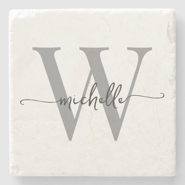 Modern White Grey Custom Monogram Name Script Stone Coaster (Front)