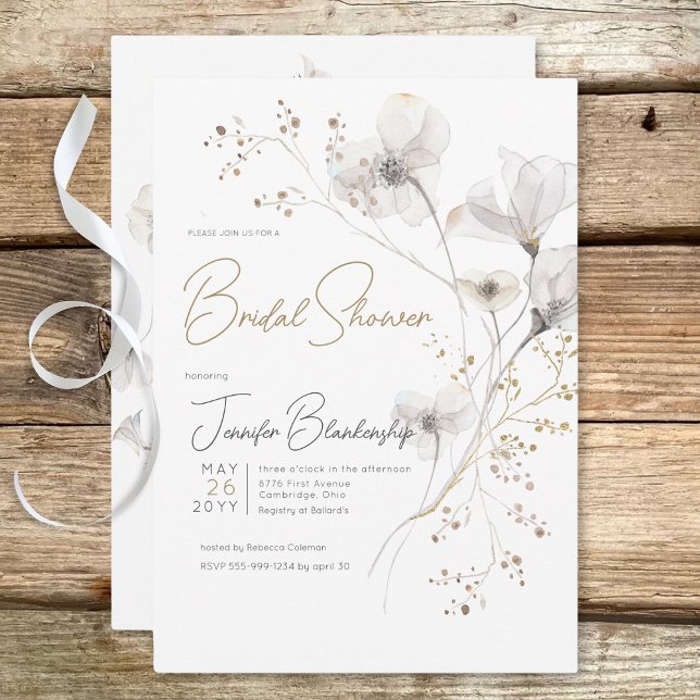 Modern White Grey & Gold Floral Bridal Shower Invitation (Modern White Gray & Gold Floral Bridal Shower Invitation)