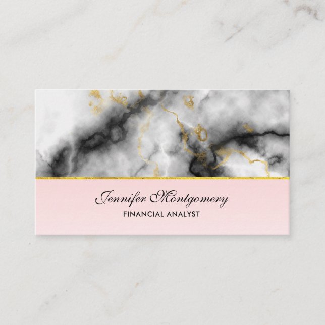 Modern White Grey Marble with Gold Ribbon Business Card (Front)