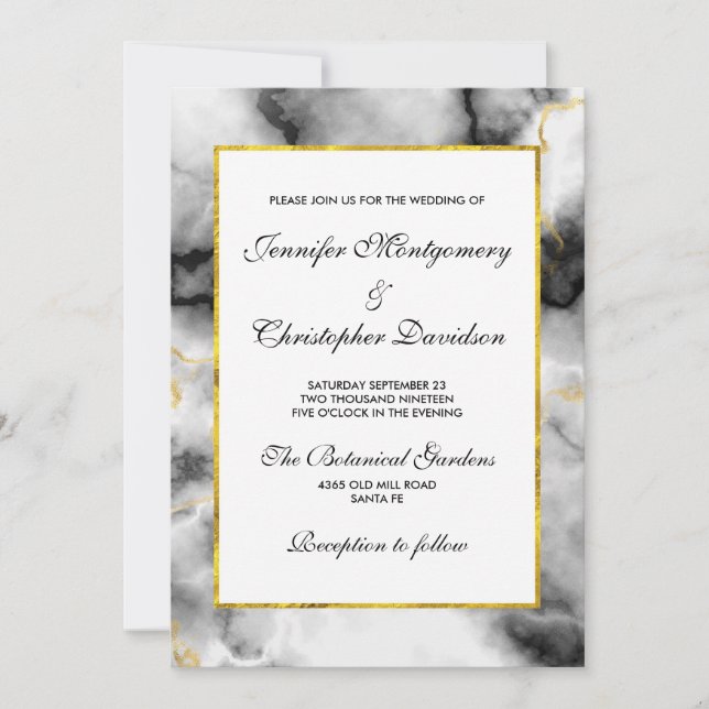 Modern White Grey Marble with Gold Ribbon Invitation (Front)