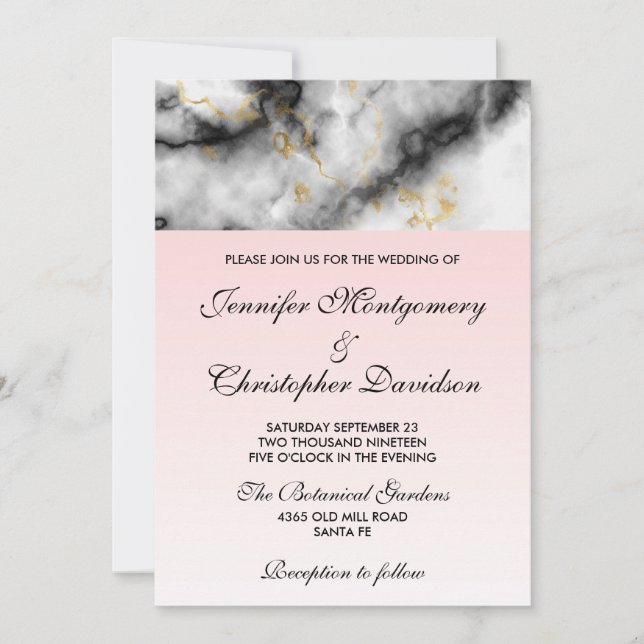 Modern White Grey Marble with Gold Ribbon Invitation (Front)