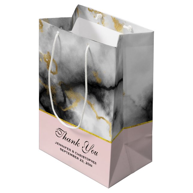 Modern White Grey Marble with Gold Ribbon Medium Gift Bag (Front Angled)
