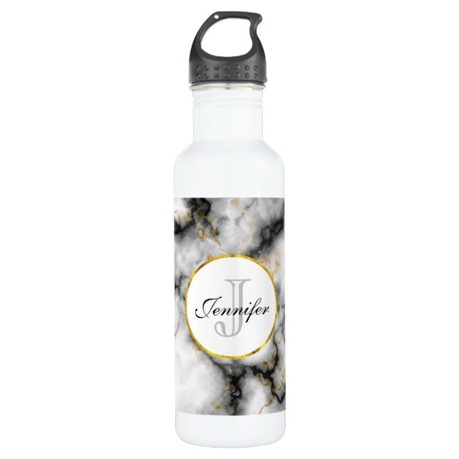 Modern White Grey Marble with Gold Ribbon Monogram 710 Ml Water Bottle (Front)