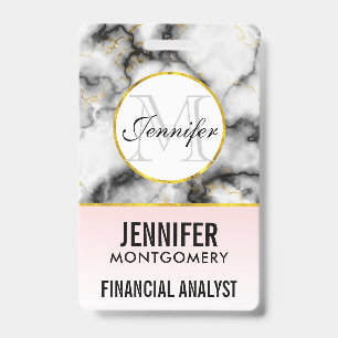 Modern White Grey Marble with Gold Ribbon Monogram Badge