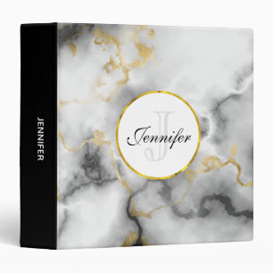 Modern White Grey Marble with Gold Ribbon Monogram Binder