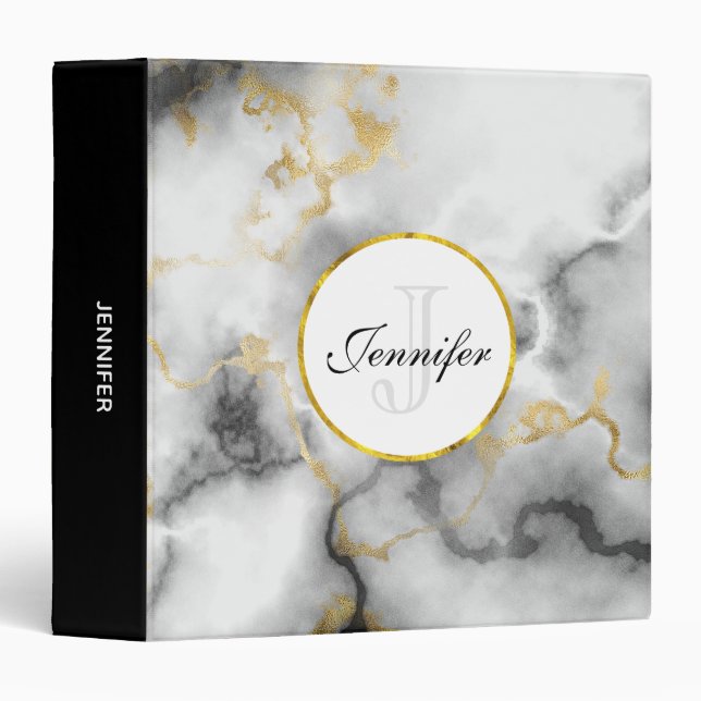Modern White Grey Marble with Gold Ribbon Monogram Binder (Front/Spine)