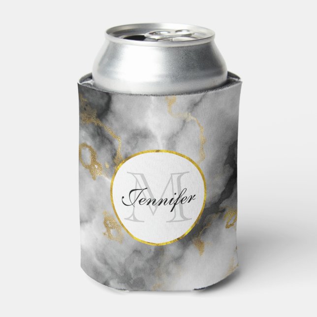 Modern White Grey Marble with Gold Ribbon Monogram Can Cooler (Can Front)
