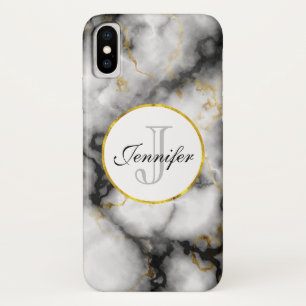 Modern White Grey Marble with Gold Ribbon Monogram Case-Mate iPhone Case