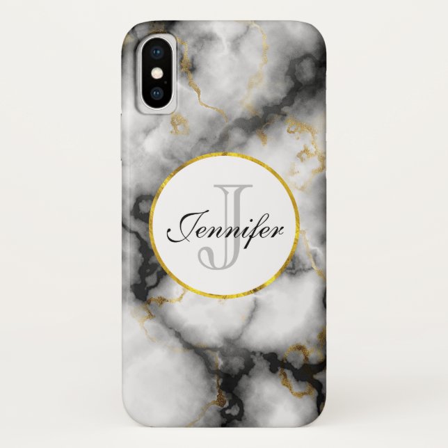 Modern White Grey Marble with Gold Ribbon Monogram Case-Mate iPhone Case (Back)
