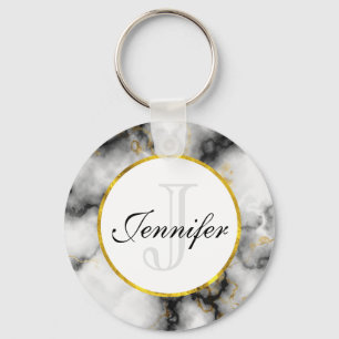 Modern White Grey Marble with Gold Ribbon Monogram Keychain