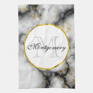 Modern White Grey Marble with Gold Ribbon Monogram Kitchen Towel