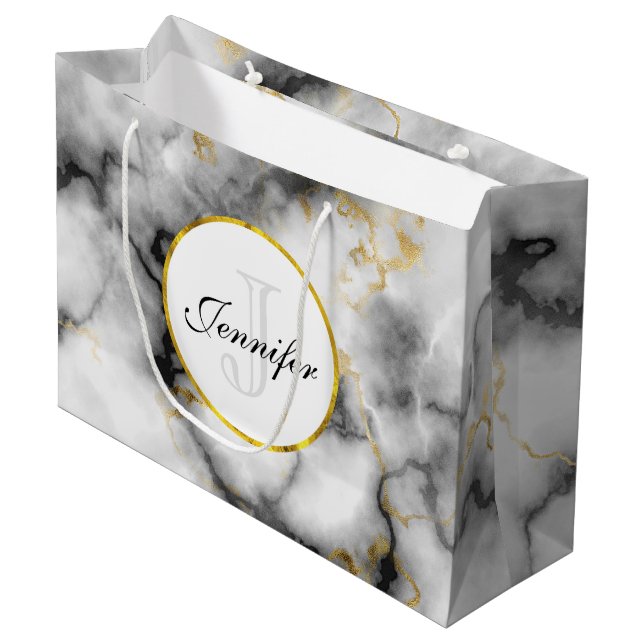 Modern White Grey Marble with Gold Ribbon Monogram Large Gift Bag (Front Angled)