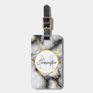 Modern White Grey Marble with Gold Ribbon Monogram Luggage Tag