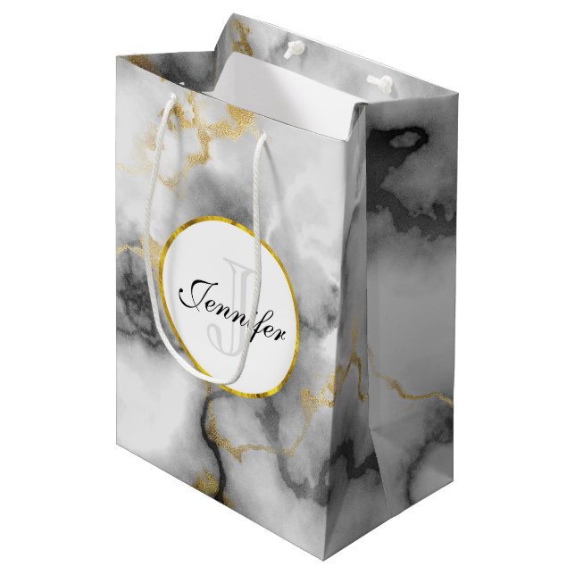Modern White Grey Marble with Gold Ribbon Monogram Medium Gift Bag (Front Angled)