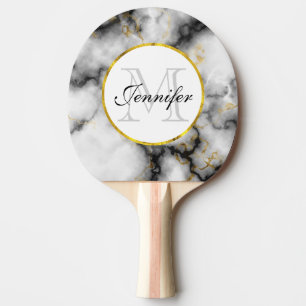 Modern White Grey Marble with Gold Ribbon Monogram Ping Pong Paddle