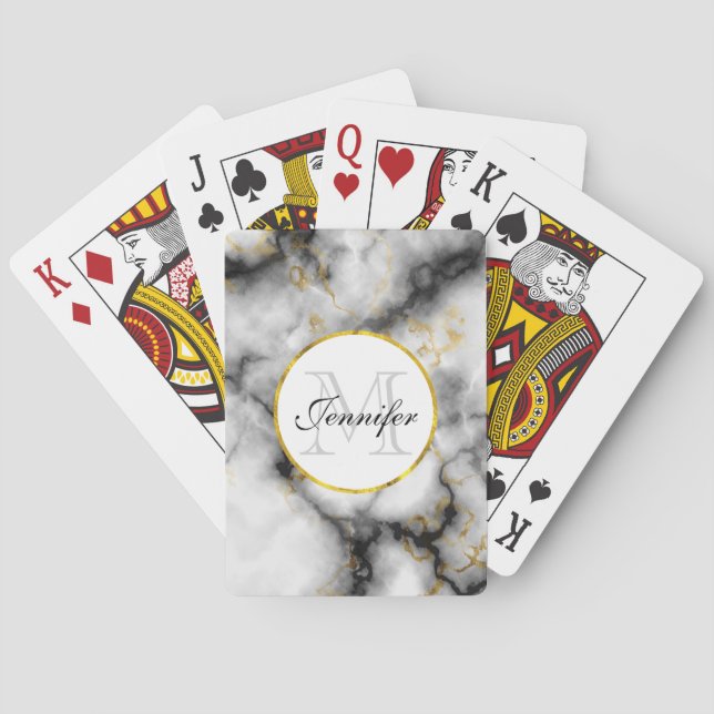 Modern White Grey Marble with Gold Ribbon Monogram Playing Cards (Back)