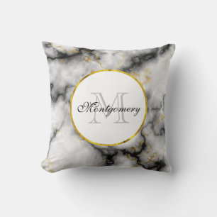 Modern White Grey Marble with Gold Ribbon Monogram Throw Pillow