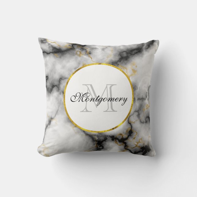 Modern White Grey Marble with Gold Ribbon Monogram Throw Pillow (Front)
